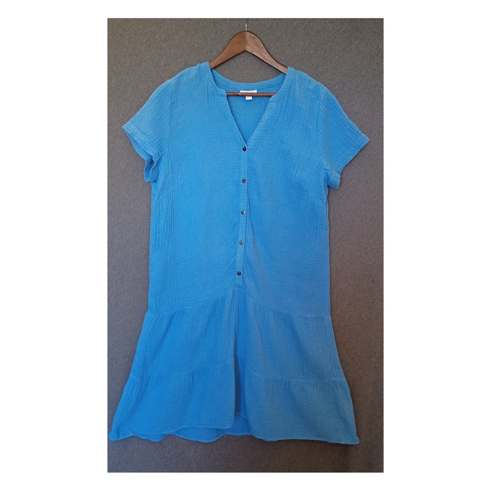 J. Jill Blue 100% Cotton Gauze Tiered Short Sleeve‎ Button Front Dress M Coastal